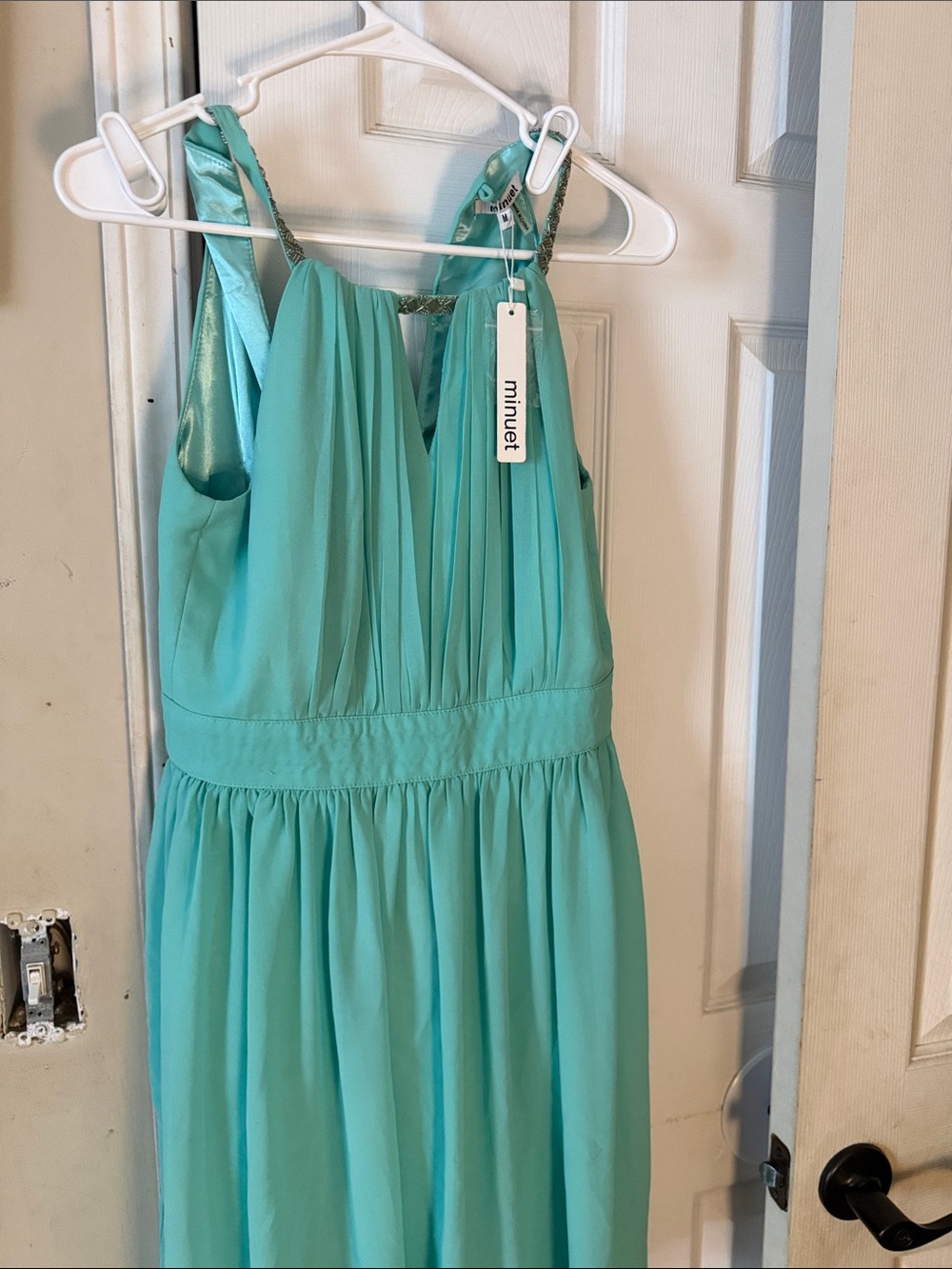 NWT Minuet Mint Green Pleated Halter Maxi Dress Embellished Neck Size M